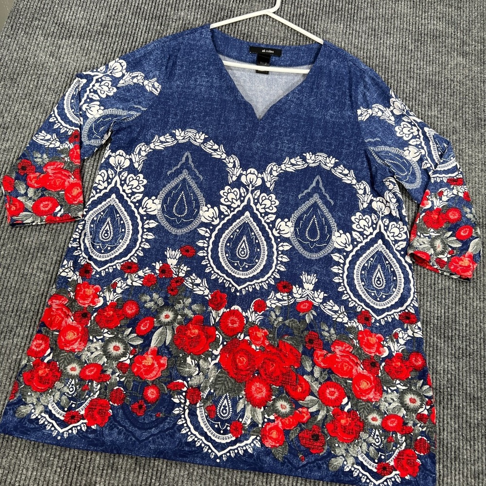 Ali Miles Tunic Top Womens Large Blue Floral Paisley 3/4 Sleeve Boho Casual